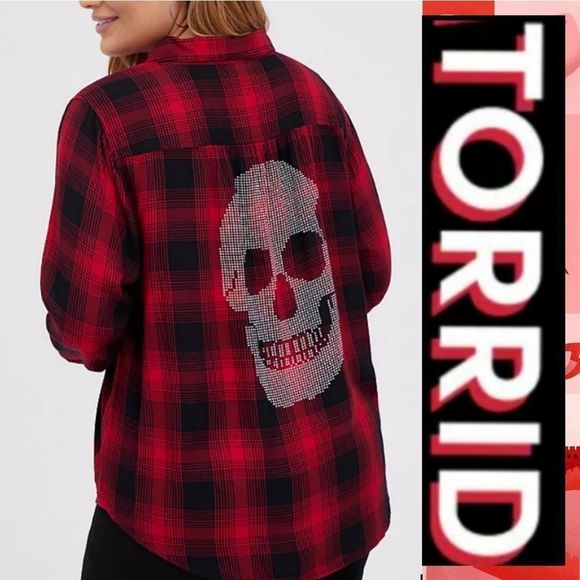 torrid Tops - NWT TORRID BUTTON-UP SHIRT  TWILL PLAID SKULL RED 4x 0x